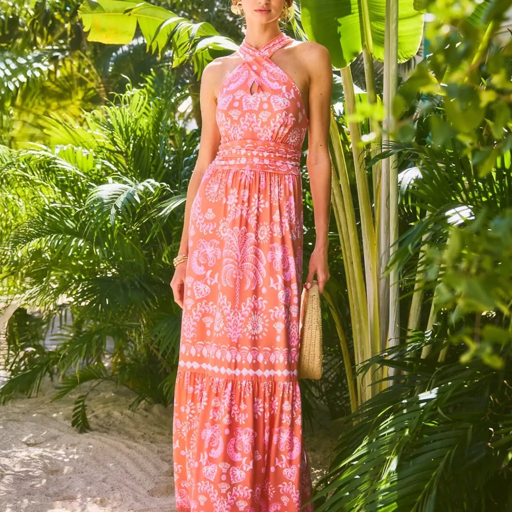 NWT Lilly Pulitzer MONTECITO HALTER MAXI “Papaya Breezy Palm” MSRP $238 sz XL
